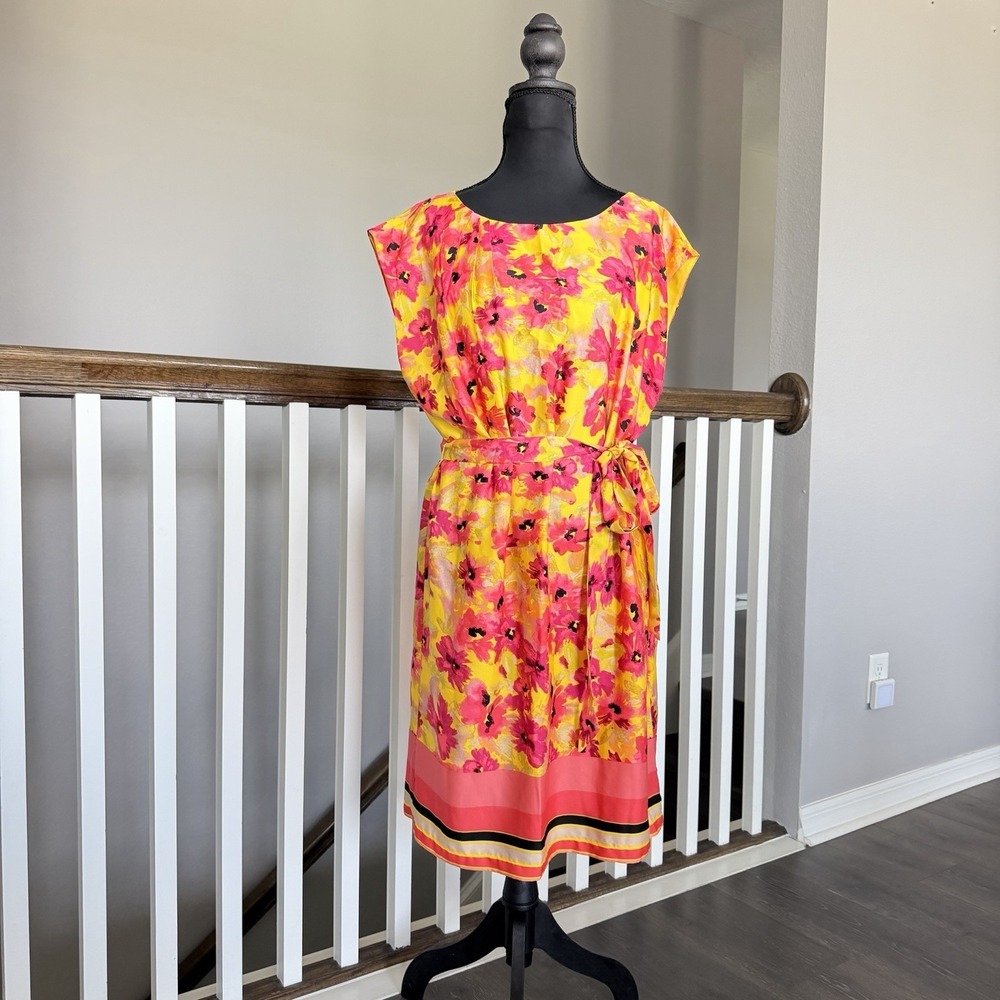 Ann Taylor LOFT Floral Pink Yellow Dress Tie‎ Waist Cap Sleeve Sz 12 Romantic